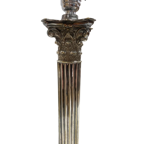 1065 - Silver plated Corinthian column table lamp atop stepped square base, H 43cm