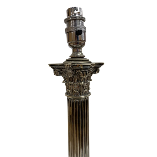 1066 - Large silver plated Corinthian column table lamp having stepped square base mounted atop polished sl... 