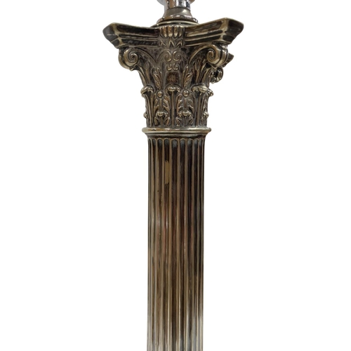 1066 - Large silver plated Corinthian column table lamp having stepped square base mounted atop polished sl... 