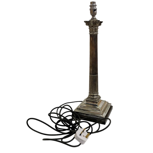 1066 - Large silver plated Corinthian column table lamp having stepped square base mounted atop polished sl... 