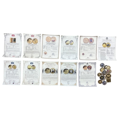 163 - Mixed quantity of 24 carat gold layered coins to include Imperial War Museum, Royal Family, Elvis, W... 