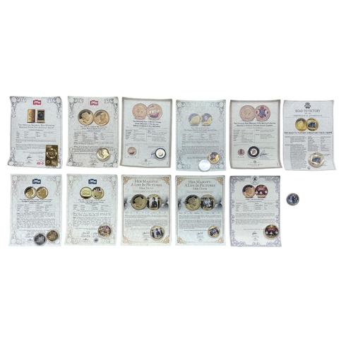 163 - Mixed quantity of 24 carat gold layered coins to include Imperial War Museum, Royal Family, Elvis, W... 