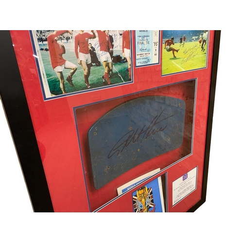 719 - Football - A limited edition framed montage featuring a seat from the old Wembley Stadium signed by ... 