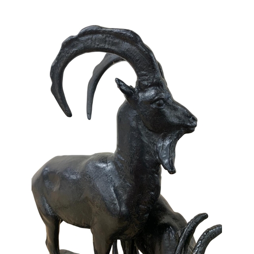 562 - Cast iron Ibex figure group from Kasli, USSR, mark to base, dated 1974, H 28cm