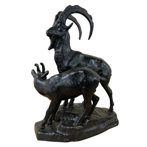 562 - Cast iron Ibex figure group from Kasli, USSR, mark to base, dated 1974, H 28cm