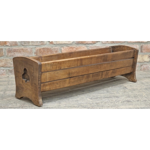 1373 - Vintage Arts and Crafts style wooden trough / planter with carved detail, H 27cm x W 94cm x D 30cm