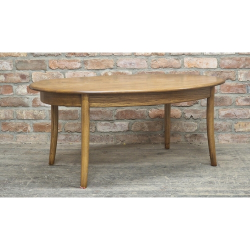 1374 - Ercol - Oval elm coffee table raised on swept supports, H 51cm x W 122cm x D 76cm