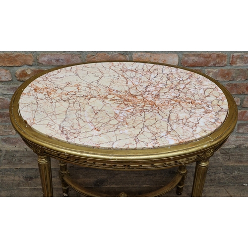 1383 - French Louis XV style gilt wood centre table with inset marble top, H 75cm x W 89cm x D 62cm