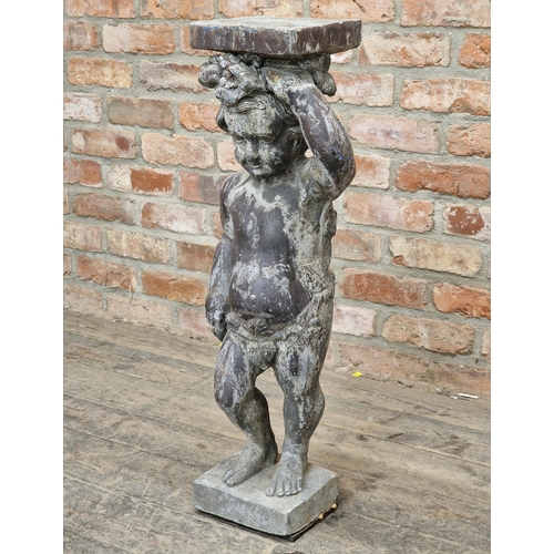 1384 - Vintage cast iron and lead cherub pedestal, H 84cm x W 30cm x D 21cm