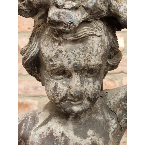 1384 - Vintage cast iron and lead cherub pedestal, H 84cm x W 30cm x D 21cm