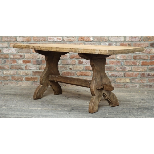 1389 - 20th century rustic farmhouse trestle table, signed Jack Grimble, H 73cm x W 158cm x D 70cm