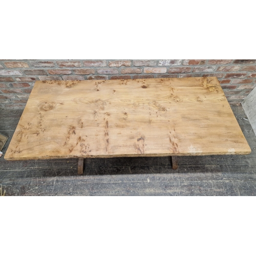 1389 - 20th century rustic farmhouse trestle table, signed Jack Grimble, H 73cm x W 158cm x D 70cm