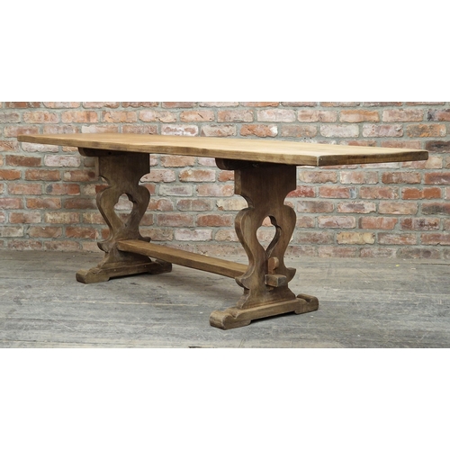 1390 - Rustic oak farmhouse trestle table with shaped ends, H 76cm x W 244cm x D 61cm