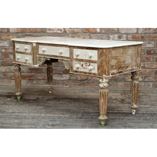 1396 - Antique pine desk fitted with five drawers and distressed paintwork, raised on turned supports, H 70... 