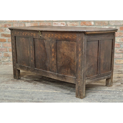 1398 - 17th century inlaid oak coffer with hinged lid, H 77cm x W 145cm x D 64cm