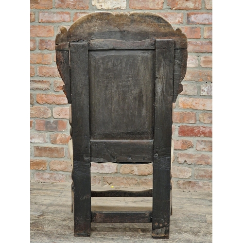 1399 - 17th century carved oak wainscot chair with upholstered seat, H 102cm x W 57cm x D 44cm