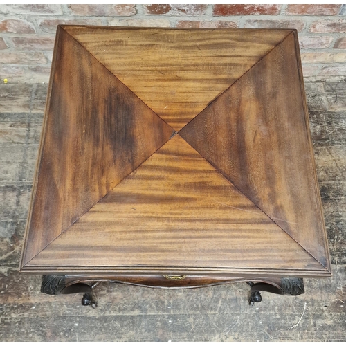 1400 - Victorian mahogany envelope card table raised on cabriole legs with ceramic castors, H 74cm x W 58cm... 