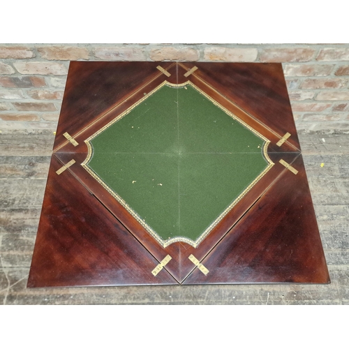 1400 - Victorian mahogany envelope card table raised on cabriole legs with ceramic castors, H 74cm x W 58cm... 