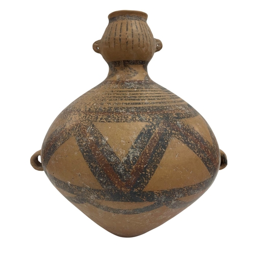 339 - Chinese Neolithic age earthenware vessel with painted geometric decoration and garlic type neck mode... 