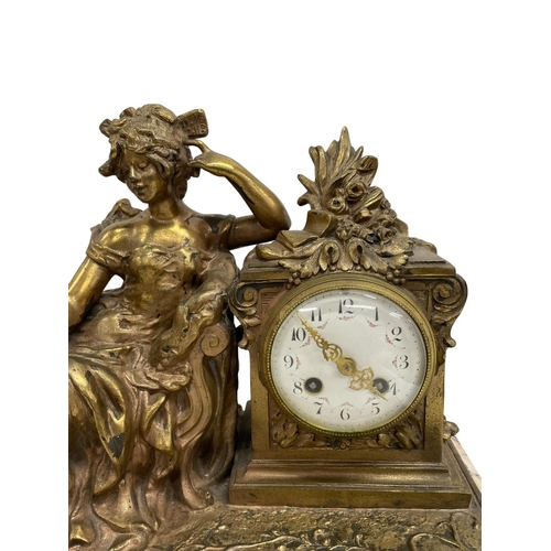 214 - French gilt spelter and marble chiming mantel clock, inscribed 'F. Moreau' and 'Maxim', with convex ... 