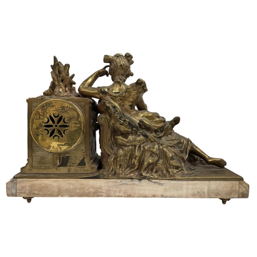 214 - French gilt spelter and marble chiming mantel clock, inscribed 'F. Moreau' and 'Maxim', with convex ... 