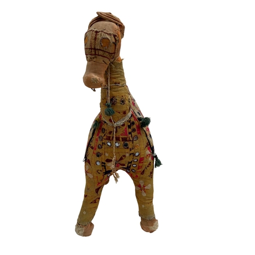 361 - North African tribal folk art fabric camel with beads and mirrored panels, H 50cm