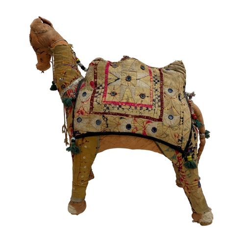 361 - North African tribal folk art fabric camel with beads and mirrored panels, H 50cm