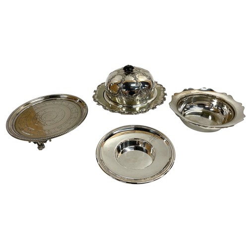 153 - Large collection of assorted silver plate to include serving platters, lidded butter dish, wine coas... 