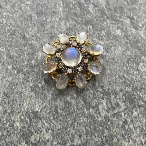 64 - Good quality unmarked yellow metal moonstone, diamond and sapphire brooch/pendant, central 3ct moons... 