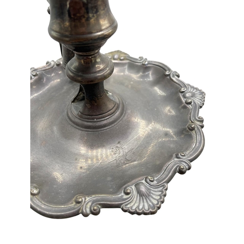 103 - William IV silver chamberstick and snuffer, with cast scroll and scallop shell rim, maker Creswick &... 