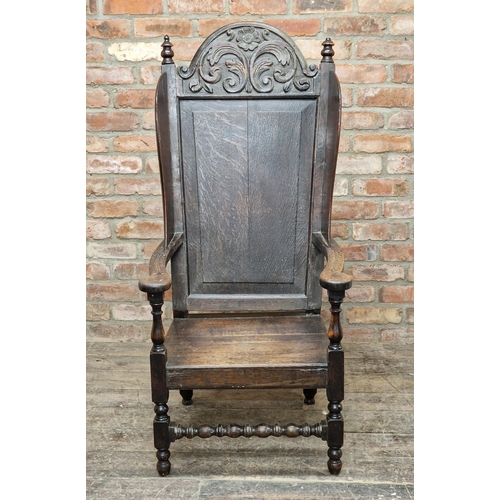 1401 - Good quality 17th century carved oak wainscot chair, H 136cm x W 64cm x D 60cm