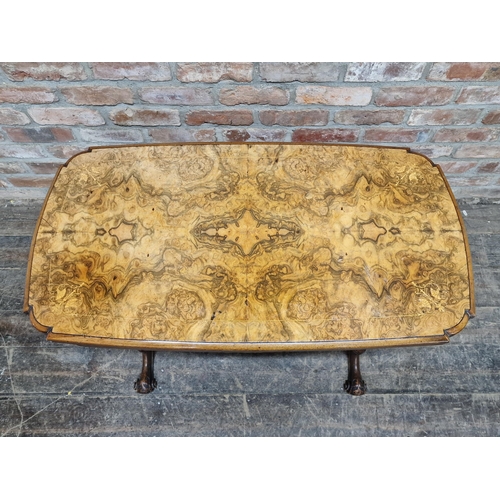 1403 - Good quality Victorian burr walnut fold over top card table with carved detail, H 72cm x W 93cm