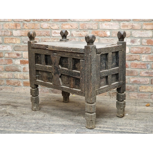 1406 - Antique Indian carved hardwood dowry chest with hinged lid, H 79cm x W 85cm x  D 51cm