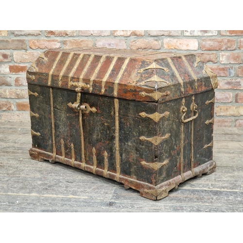 1407 - 19th century iron bound trunk with gilded paintwork, rising hinged lid and twin carry handles, H 61c... 