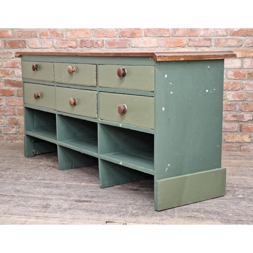 1409 - Antique painted pine shop counter fitted with six drawers and fielded panels, H 87cm x W 186cm x D 6... 