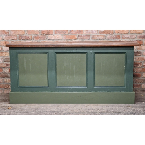 1409 - Antique painted pine shop counter fitted with six drawers and fielded panels, H 87cm x W 186cm x D 6... 