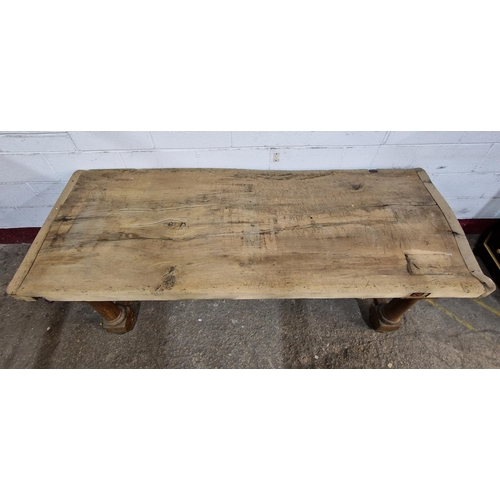 1413 - Good large 19th century butchers block / work table, fitted with two drawers, raised on turned suppo... 