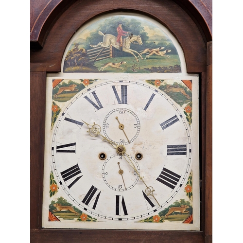 210 - 19th century eight day twin train longcase clock, the enamelled dial with hand painted hunting scene... 