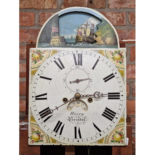 211 - Warry of Bristol - 19th century eight day twin train longcase clock, the hand painted enamelled dial... 