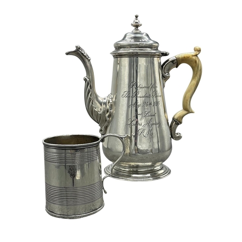 83 - American War of 1812 historical interest – Good George II silver baluster coffee pot, inscribed 'Ret... 