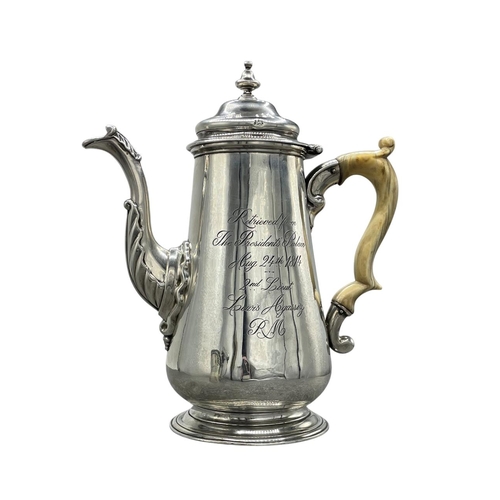 83 - American War of 1812 historical interest – Good George II silver baluster coffee pot, inscribed 'Ret... 