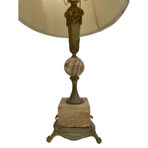 1114 - Brass and marble table lamp of classical form, with orb support raised on a pedestal base with four ... 