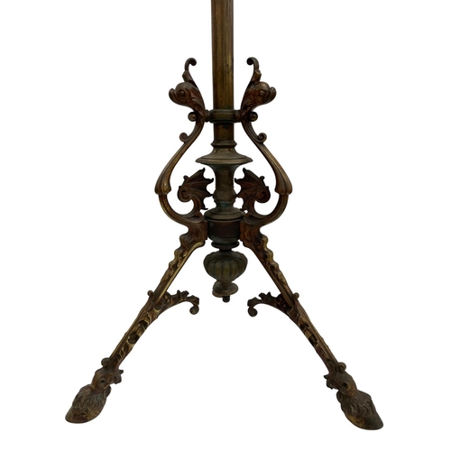 1117 - Victorian oil lamp stand with cast tripod hoof base and scrolls modelled as mythical beasts, H 133cm... 