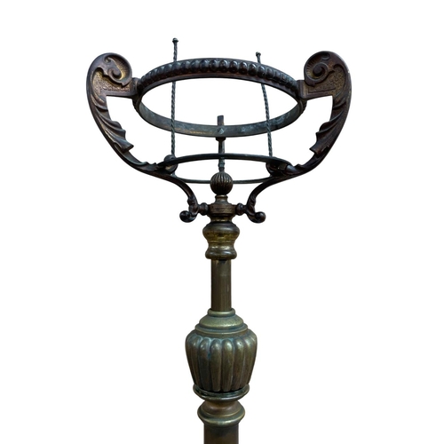 1117 - Victorian oil lamp stand with cast tripod hoof base and scrolls modelled as mythical beasts, H 133cm... 