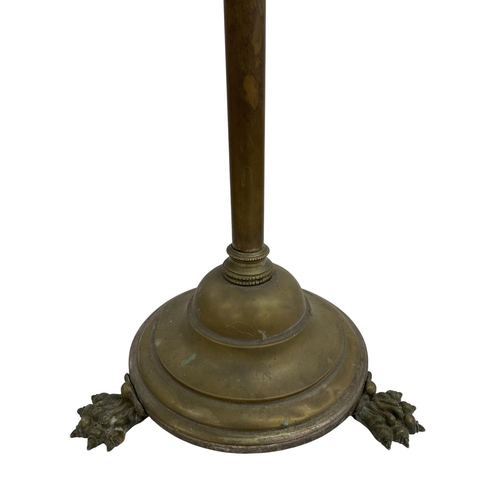 1117 - Victorian oil lamp stand with cast tripod hoof base and scrolls modelled as mythical beasts, H 133cm... 