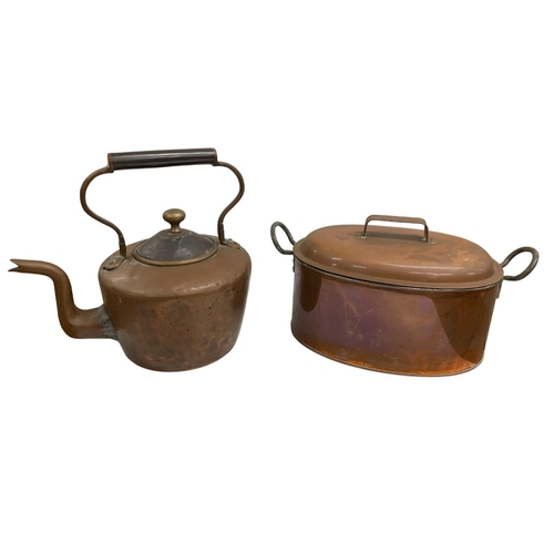 552 - Quantity of copper kitchenware to include a beaten copper circular studded pot, H 25cm, kettle, oval... 