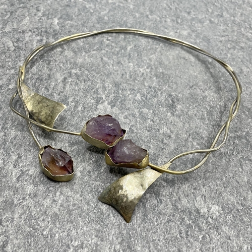 60 - Lucile Moore - silver gilt and amethyst stylised torque necklace, 19 x 17cm, 69.5g