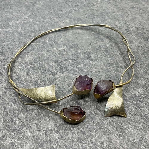 60 - Lucile Moore - silver gilt and amethyst stylised torque necklace, 19 x 17cm, 69.5g