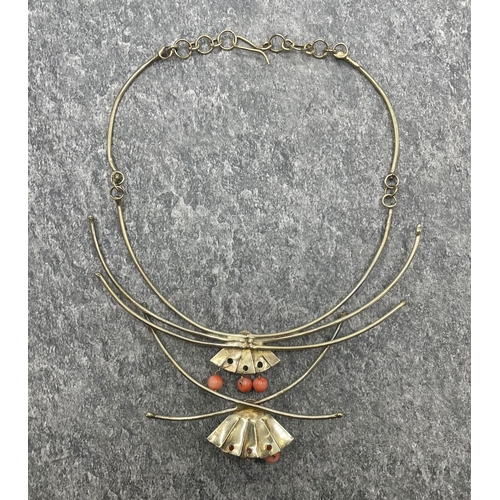 62 - Lucile Moore - silver gilt and coral Art Deco style neck lace, with fan design, 19 x 17cm, 45.1g