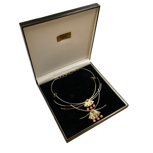 62 - Lucile Moore - silver gilt and coral Art Deco style neck lace, with fan design, 19 x 17cm, 45.1g